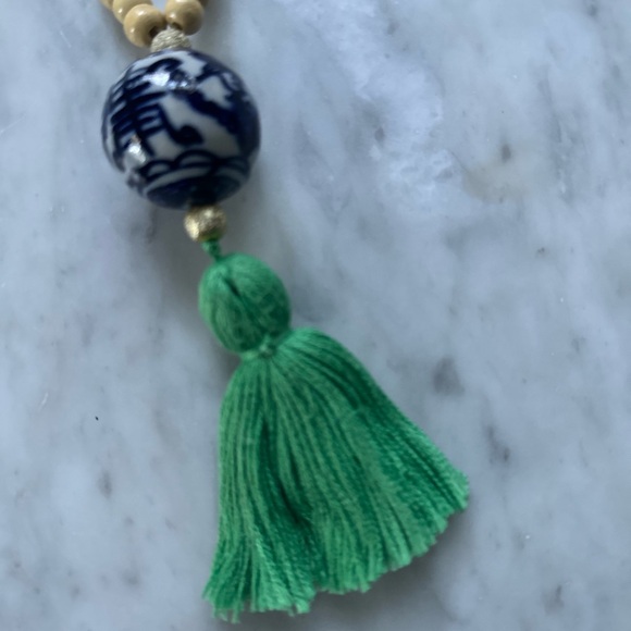 The Chalmers Tassel Necklace in Kelly Green with a Chinoiserie Bead - Picture 3 of 4